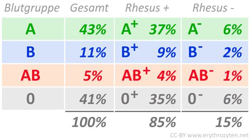 Verteilung der Blutgruppen (Tabelle)